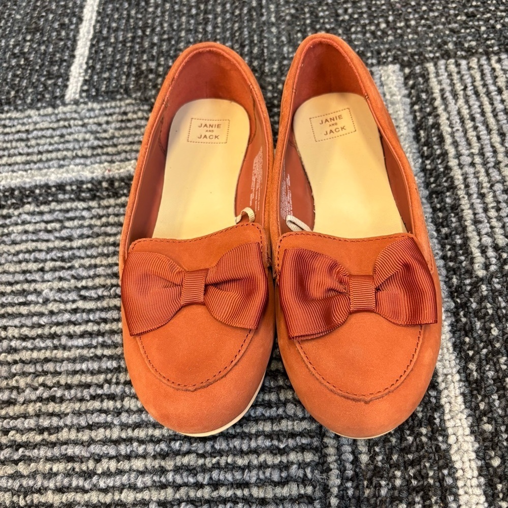 Janie and Jack Girls 12 Orange Leather Loafers with Bow Slip on Flats